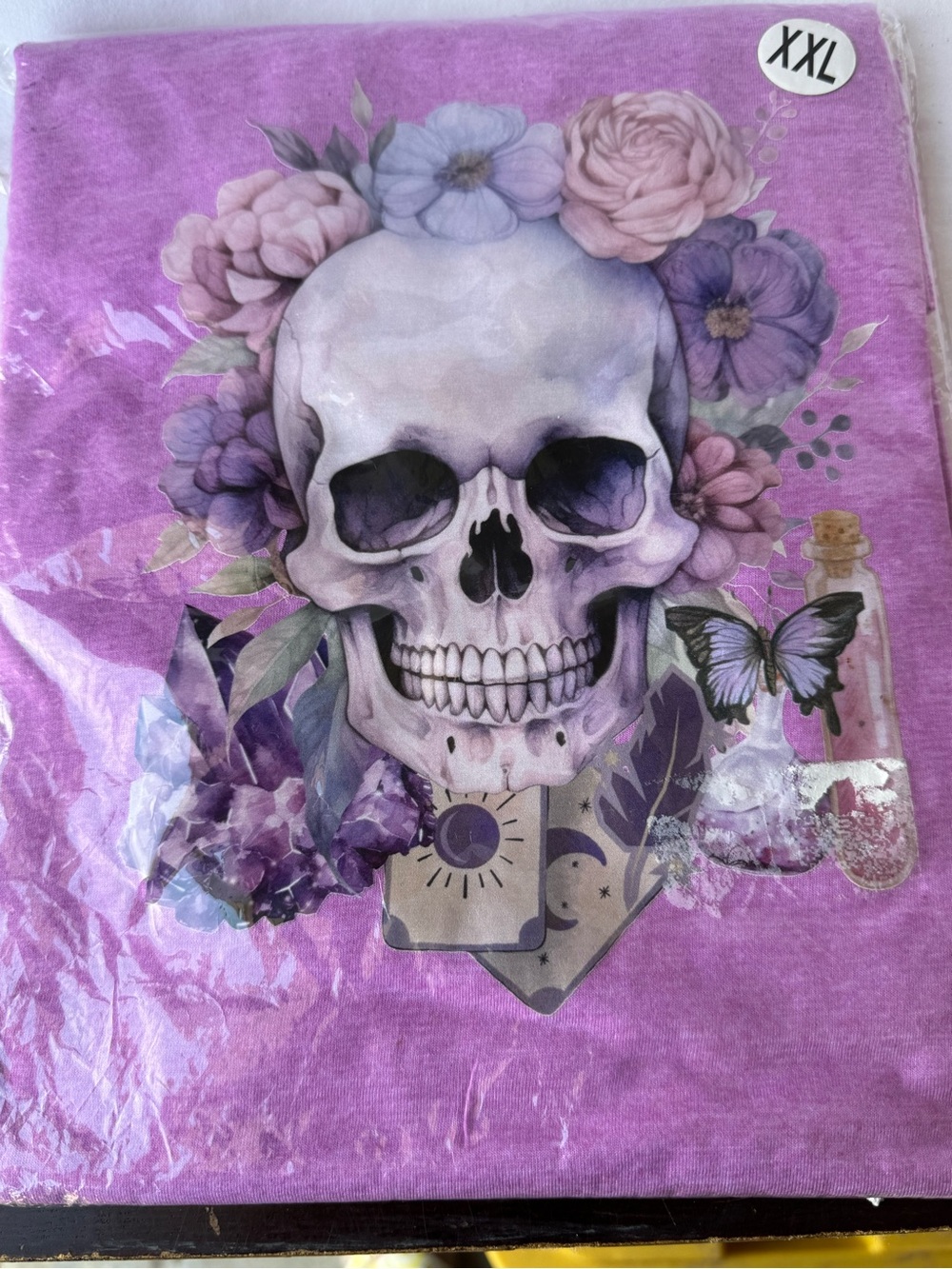 Gildan Softstyle Purple Skull Floral Graphic Crew Neck Short Sleeve T-Shirt 2XL